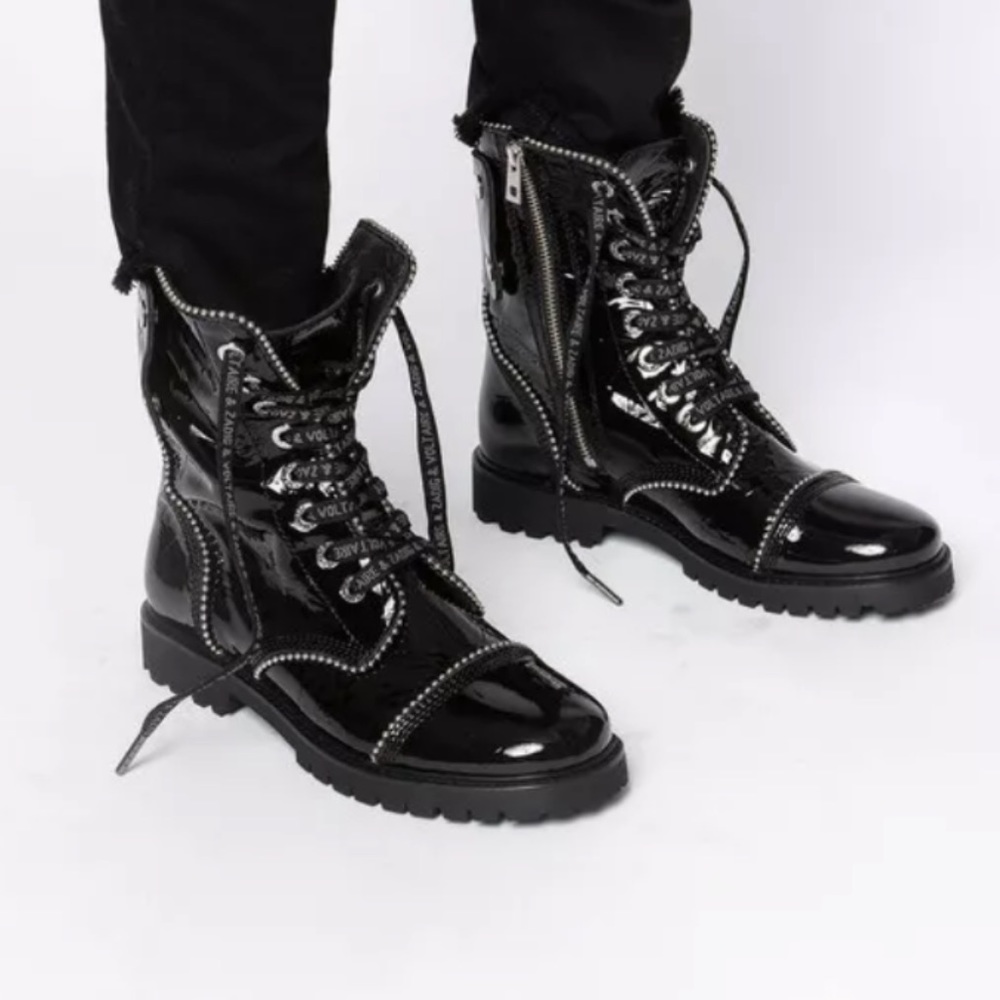 Zadig & Voltaire Women's Joe Stud Piping Wrinkled Patent Leather Ranger Boots - Picture 2 of 2